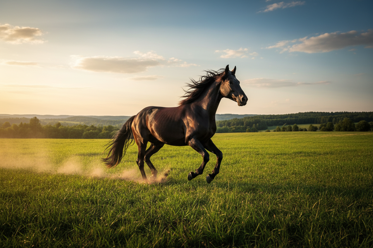 Galoppierendes Pferd auf grüner Sommerwiese