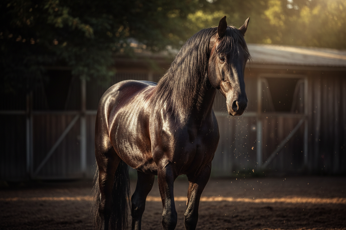 Schwarzes Pferd schwitzt im Sommer nach dem Reiten