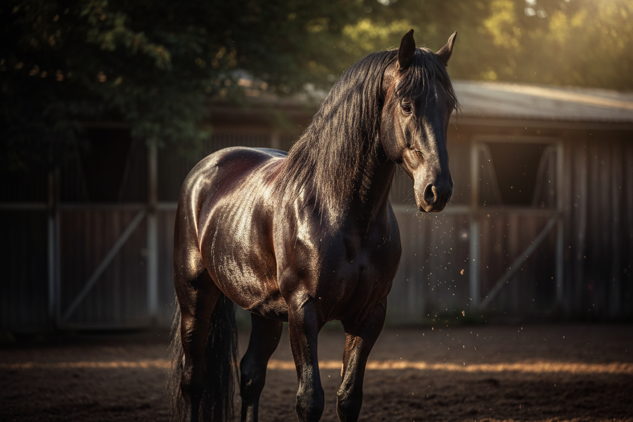Schwarzes Pferd schwitzt im Sommer nach dem Reiten