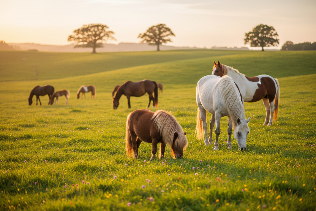 Verschiedene Pferde auf der Sommerweide – Shetlandpony, Schimmel und Schecke
