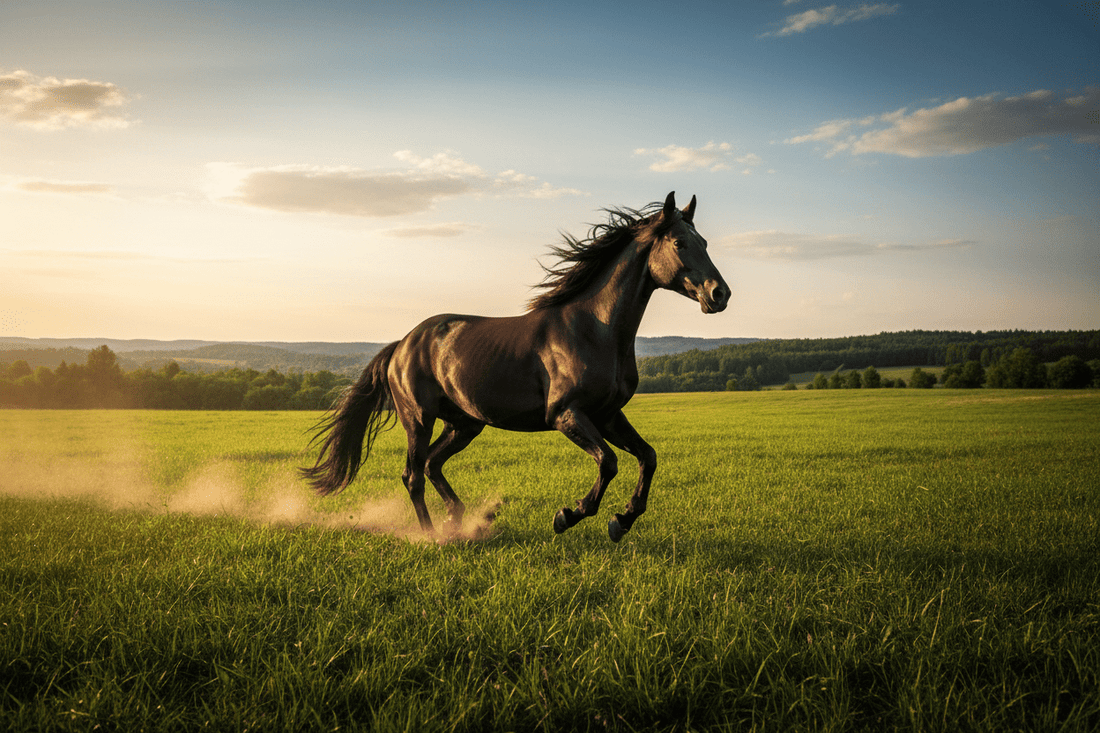 Galoppierendes Pferd auf grüner Sommerwiese