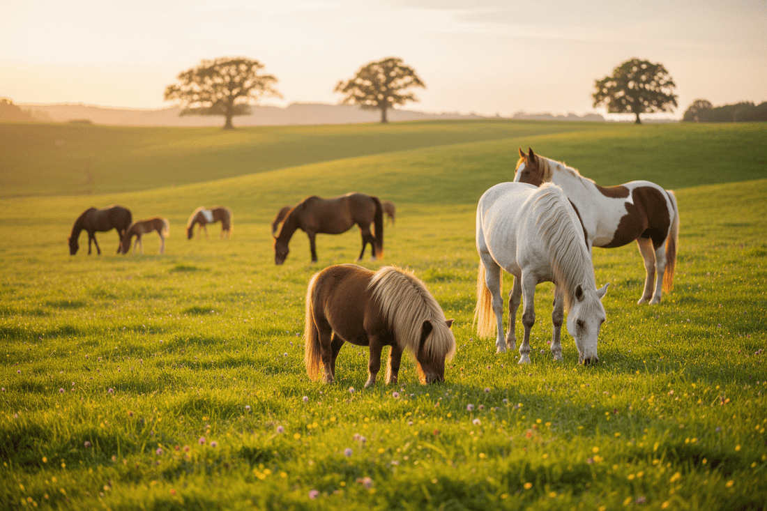 Verschiedene Pferde auf der Sommerweide – Shetlandpony, Schimmel und Schecke
