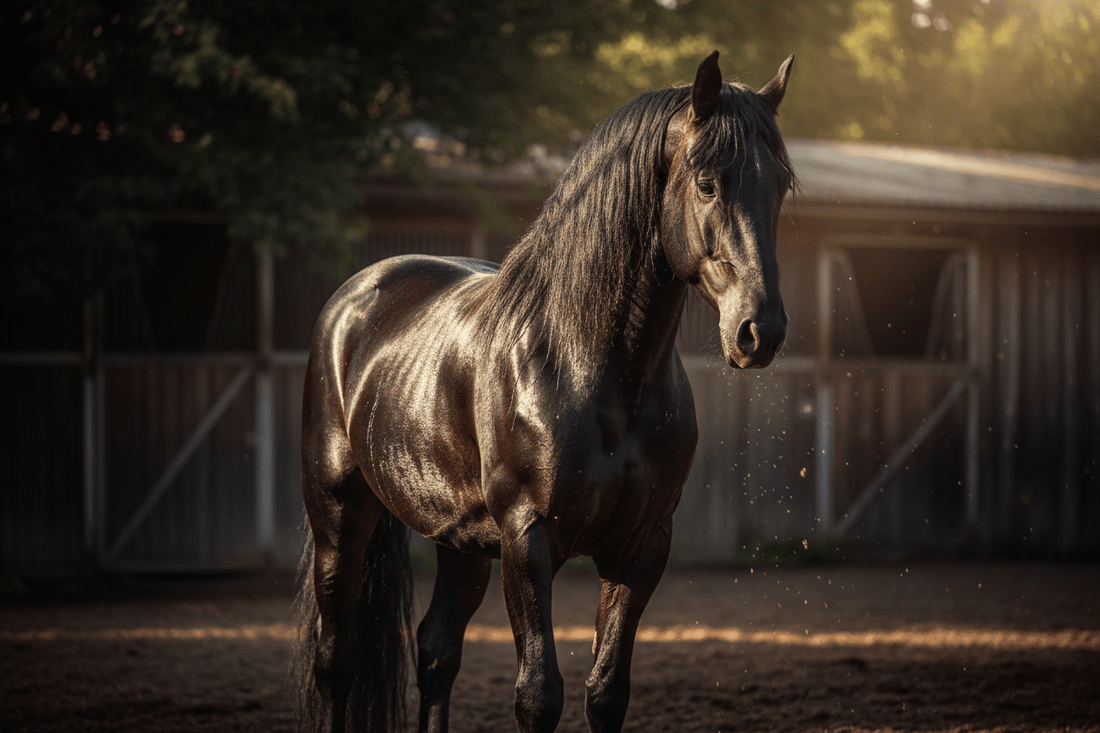 Schwarzes Pferd schwitzt im Sommer nach dem Reiten