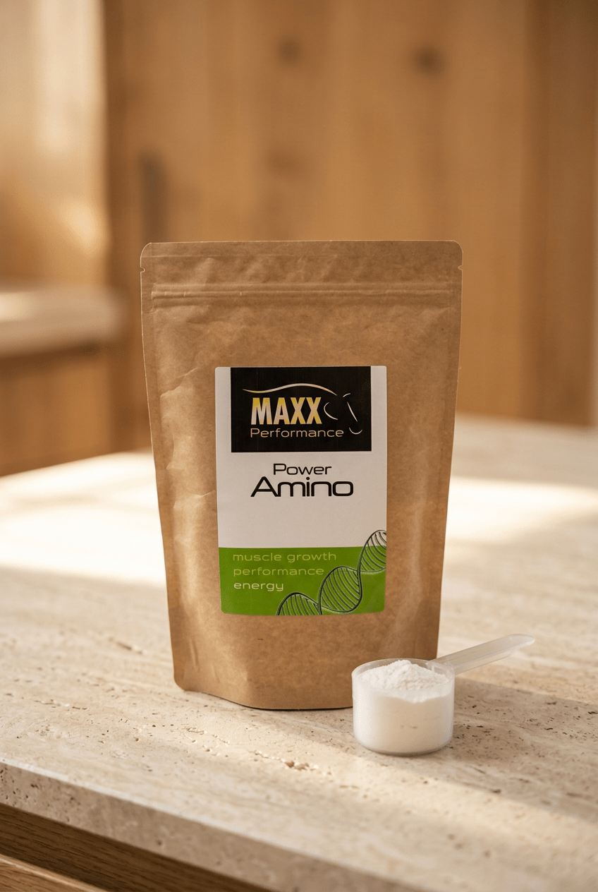 Power Amino im Originalbeutel mit weißem, mehlfeinem Pulver im Messlöffel