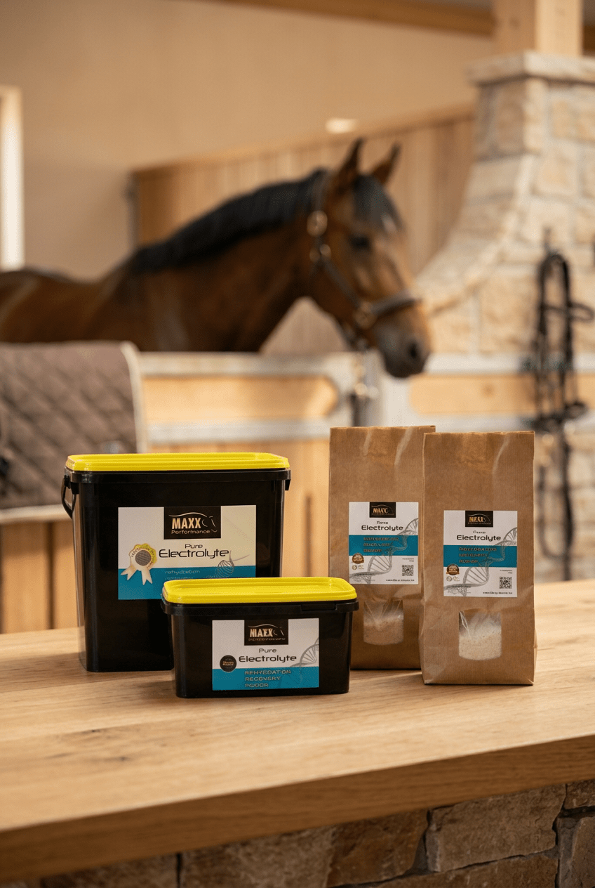 Pure Electrolyte mit zwei Dosengrößen links und zwei Kraftpapierbeuteln rechts in einer warmen Stallszene