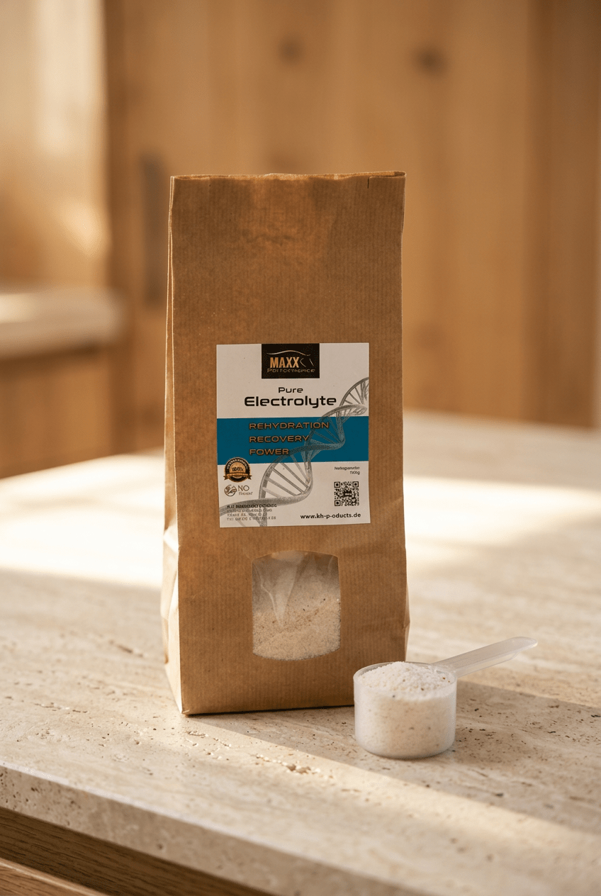 Pure Electrolyte im Originalbeutel mit Messlöffel auf heller Natursteinfläche